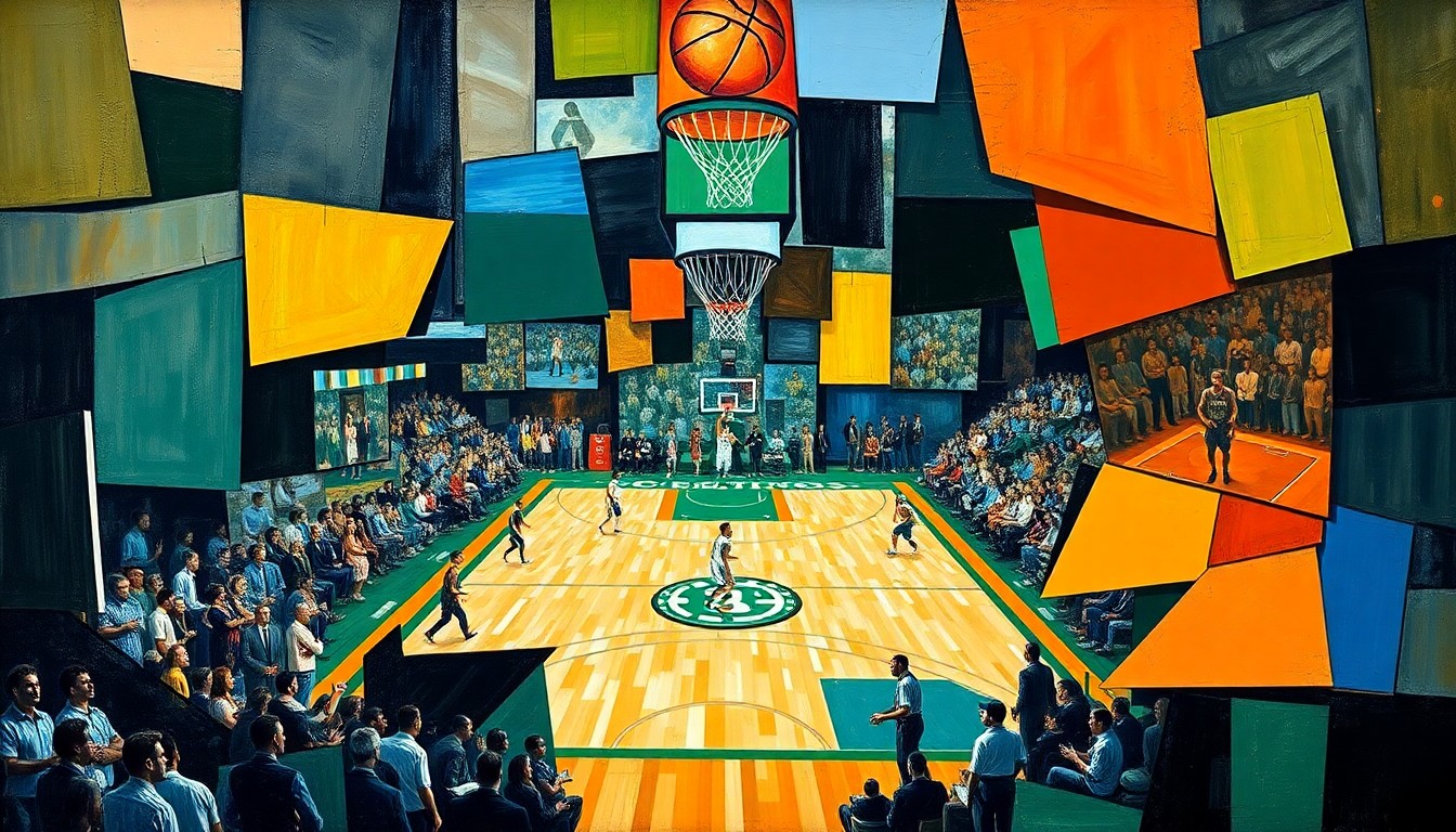 A cubist-style painting depicting a basketball game between the Boston Celtics and Orlando Magic, with the players and court broken down into sharp, overlapping geometric shapes and planes in a vibrant color palette.
