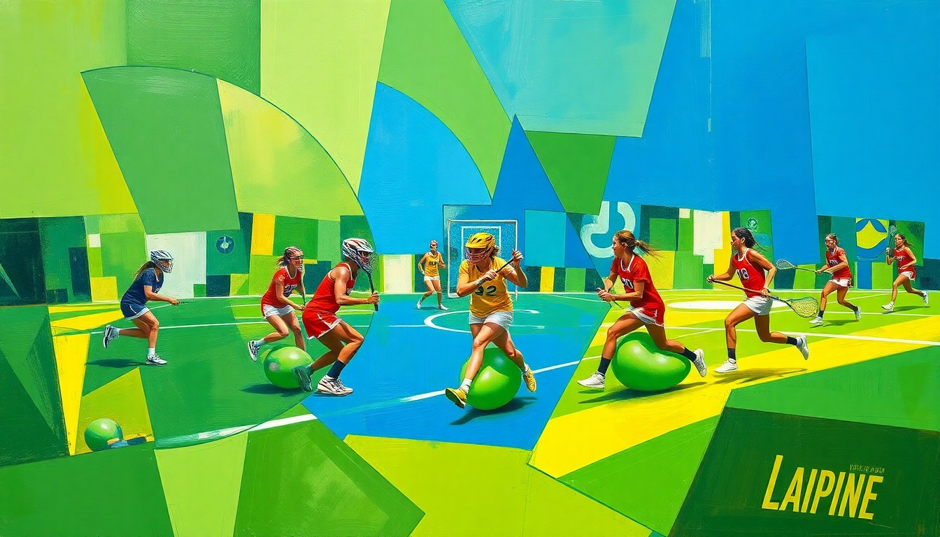 A fragmented, geometric painting depicting the dynamic movements and competing forces of a women's lacrosse match, rendered in a bold, cubist style.