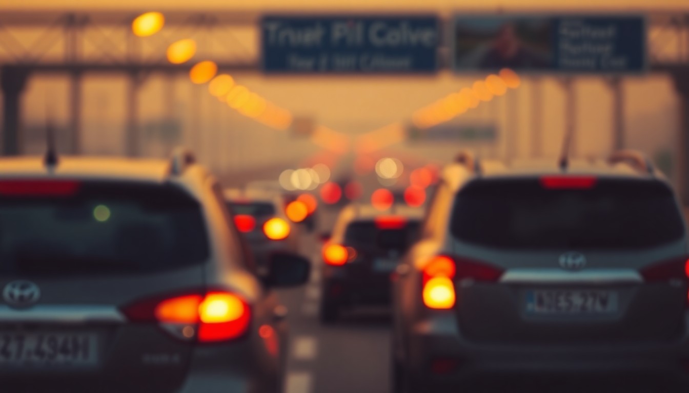 An abstract, out-of-focus photograph in warm, hazy tones depicting the taillights of cars on a highway, creating a conceptual scene that captures the mood of traffic congestion and infrastructure challenges.