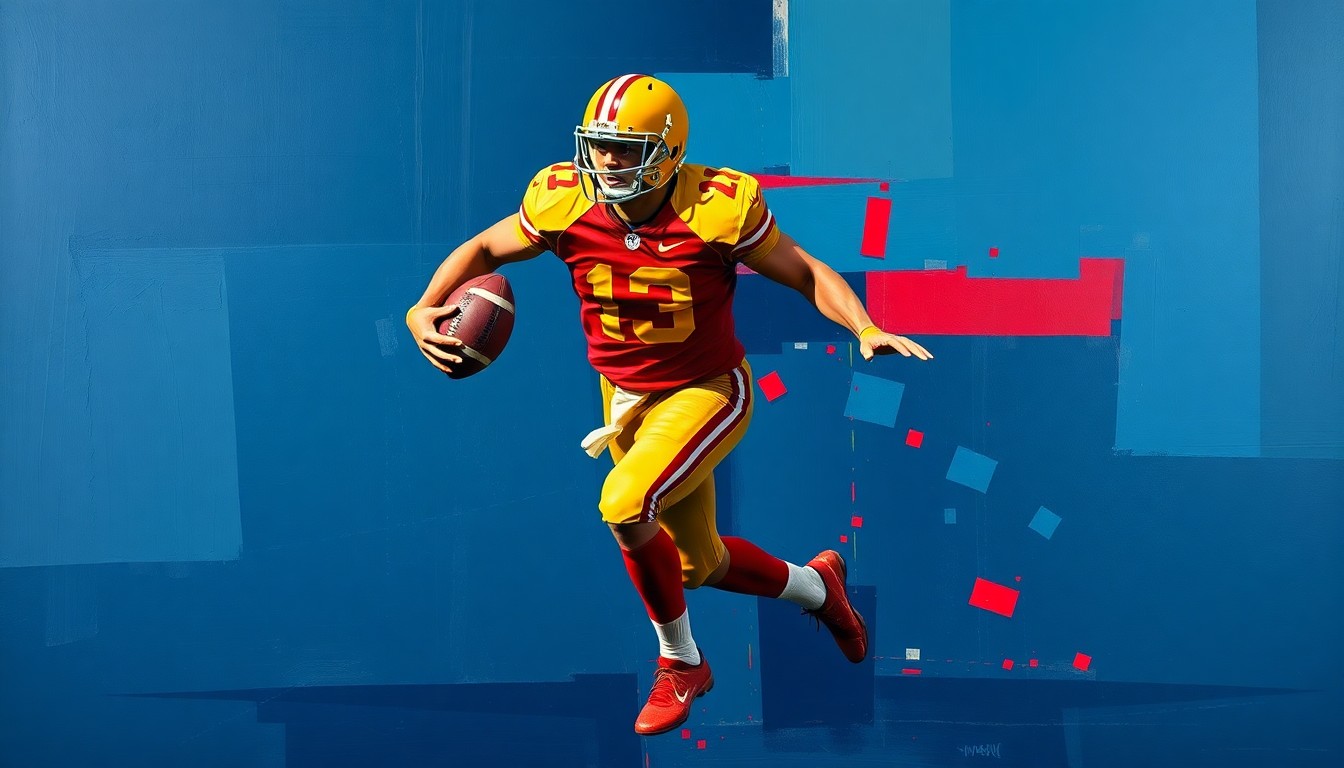 A cubist-style painting depicting a football player in motion, with their body broken down into sharp, overlapping geometric shapes in navy, gold, and crimson colors, conveying the raw athleticism and energy of the sport.