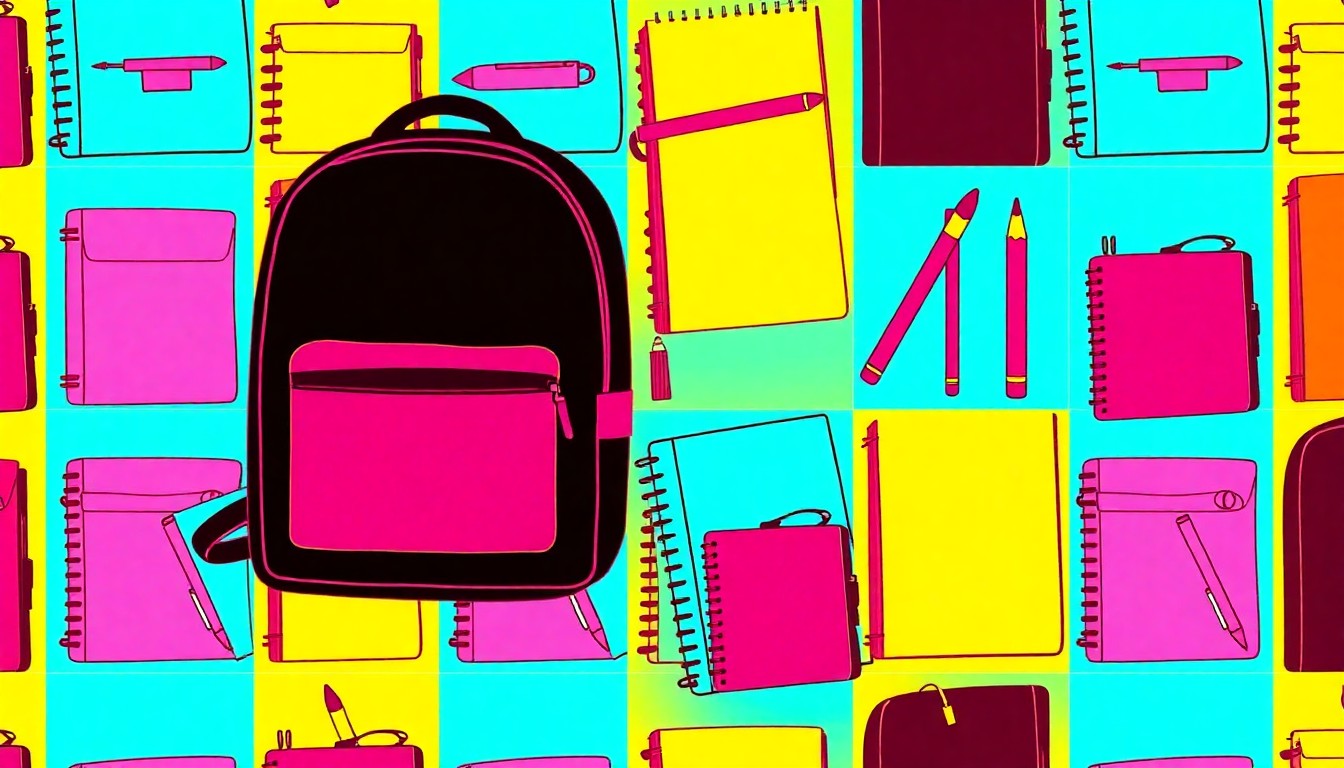 A bold, abstract silkscreen print featuring a repeated pattern of a single school supply item like a pencil or notebook, rendered in a high-contrast, neon color palette with heavy black outlines, capturing the celebratory energy of a community's academic achievements.