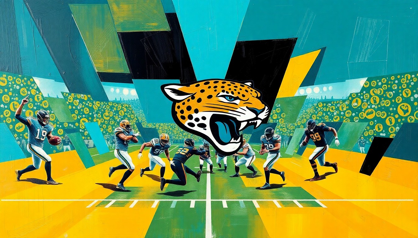 A cubist, geometric painting depicting a Jaguars football game, with sharp, overlapping planes of teal, black, and gold colors representing the team's dynamic play on the field.