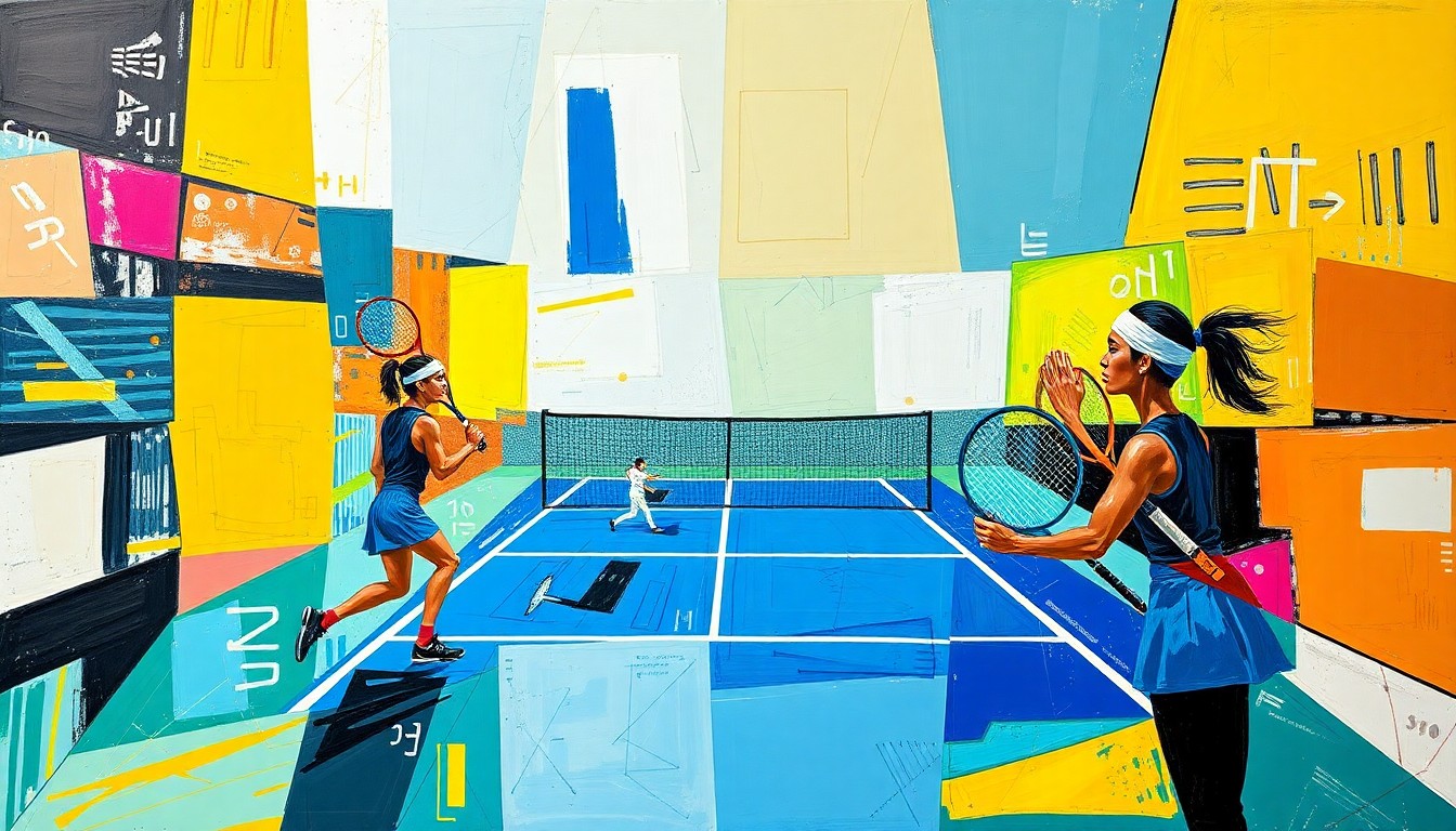 A cubist, geometric painting depicting a tennis match between two players, with the figures and court broken down into sharp, overlapping planes of color and shape, conveying a sense of the tension and uncertainty surrounding Raducanu's withdrawal from the event.