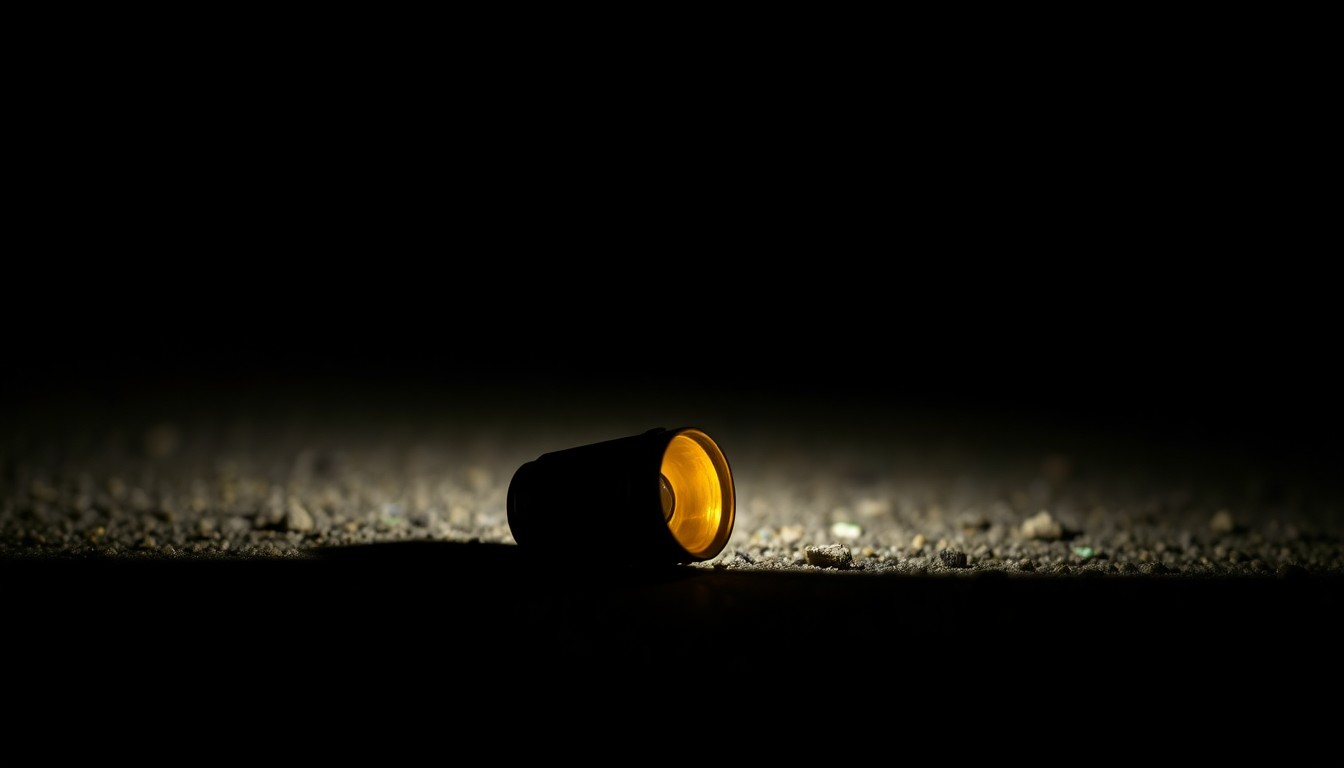 An extreme close-up of a single spent shell casing on the ground, conceptually representing the violence that erupted during a private party.