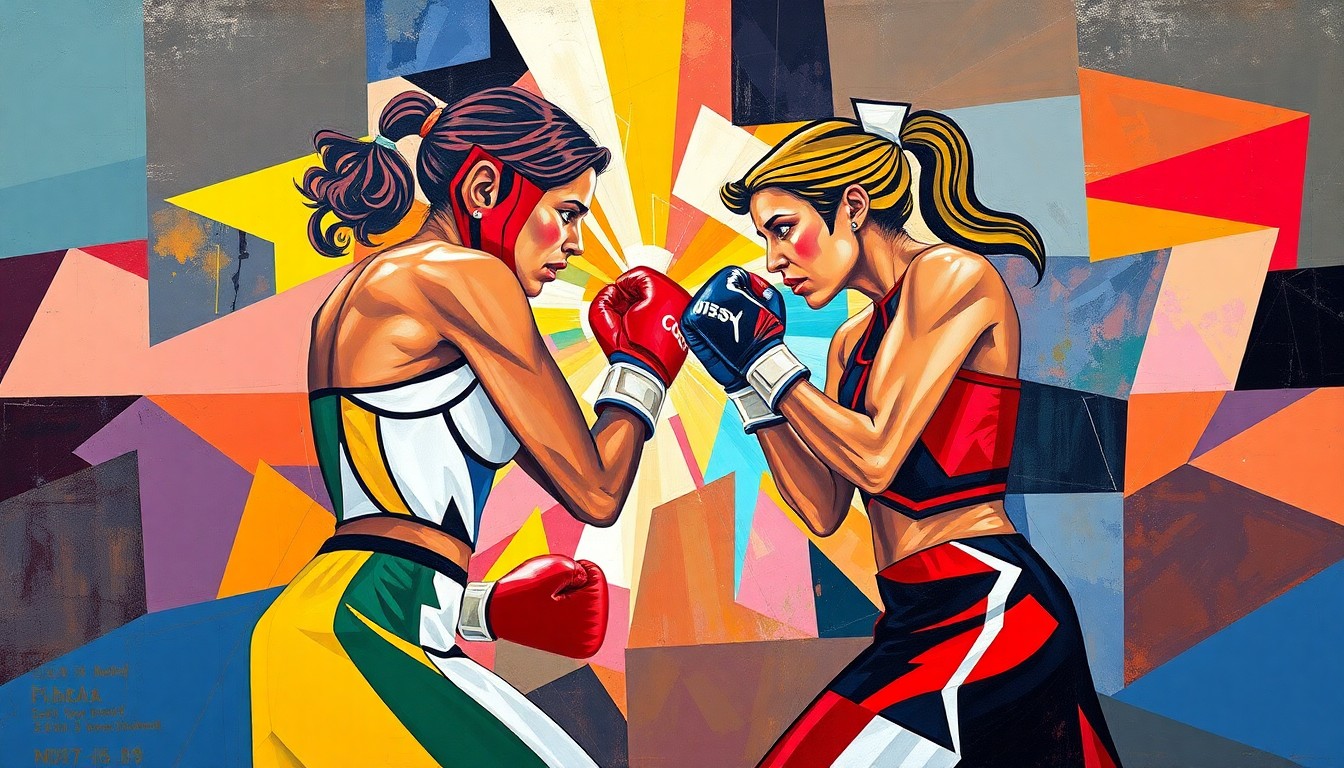 A cubist-style painting depicting a women's boxing match broken down into sharp, overlapping geometric planes in vibrant colors, capturing the strategic brilliance and physical intensity of the sport.