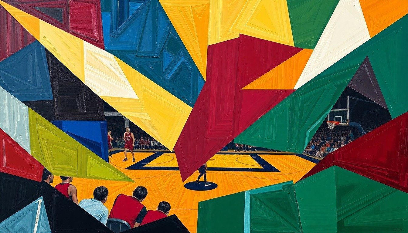 A fragmented, geometric painting in bold colors representing the intensity and athleticism of a high school basketball game.