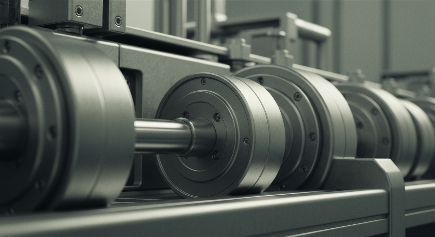 A highly detailed, cinematic close-up image of heavy, industrial semiconductor manufacturing equipment in muted metallic tones, conveying the tangible power and precision of the technology that drives the electronics industry.