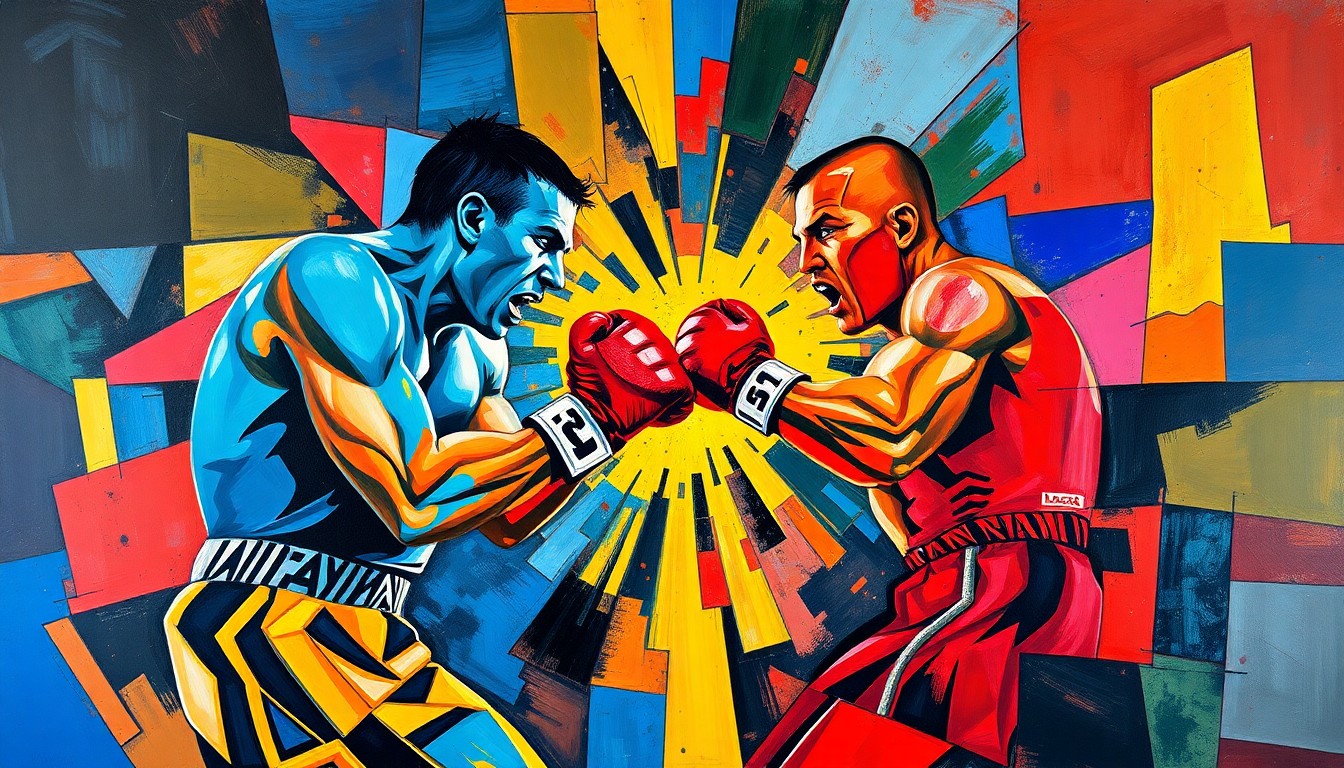 A cubist, geometric painting depicting the chaotic energy of a boxing match, with fragmented figures and shapes in bold, clashing colors.