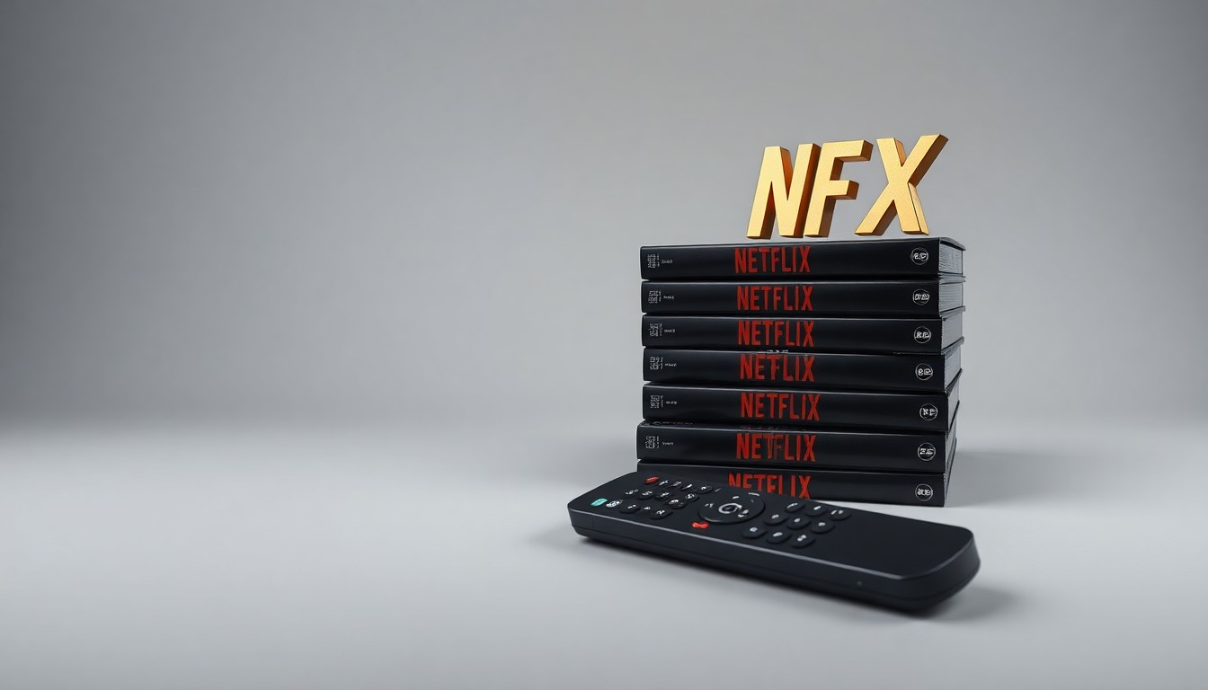 A photorealistic studio still life featuring a stack of Netflix DVD cases, a streaming remote control, and a gold-colored stock ticker symbol for NFLX, arranged elegantly on a clean, monochromatic background to symbolize the corporate strategy and financial performance of the streaming service.