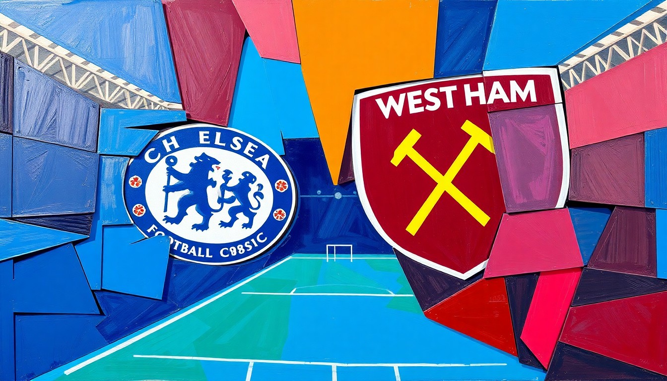 A fractured, geometric painting in bold blues, claret, and gold, depicting the action and energy of the Chelsea vs West Ham football match in an abstract, deconstructed style.
