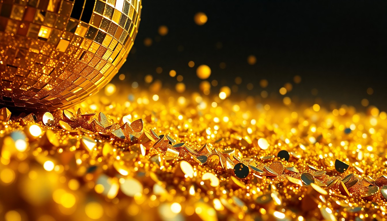 An extreme close-up photograph of shimmering gold sequins and glittering disco ball fragments, reflecting dramatic studio lighting to capture the high-energy, glamorous essence of a live music performance.