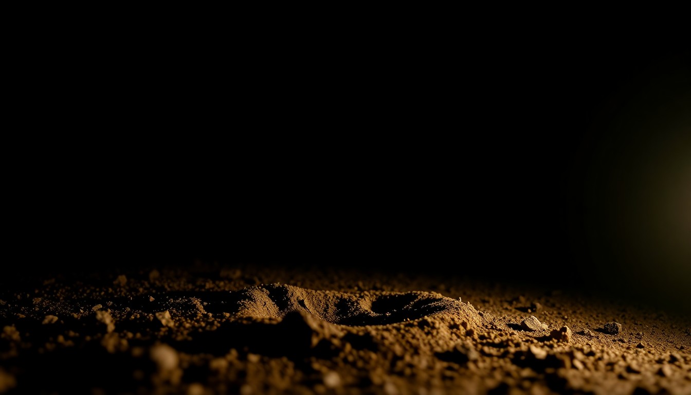An extreme close-up photograph of a police K-9 dog's paw print in the dirt, lit by a harsh, direct camera flash against a pitch-black background, conceptually representing the investigative role of law enforcement canines.