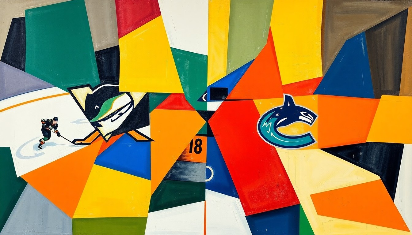A cubist, geometric painting featuring overlapping planes of teal, orange, blue, and green, representing the action and energy of a hockey game between the Anaheim Ducks and Vancouver Canucks.