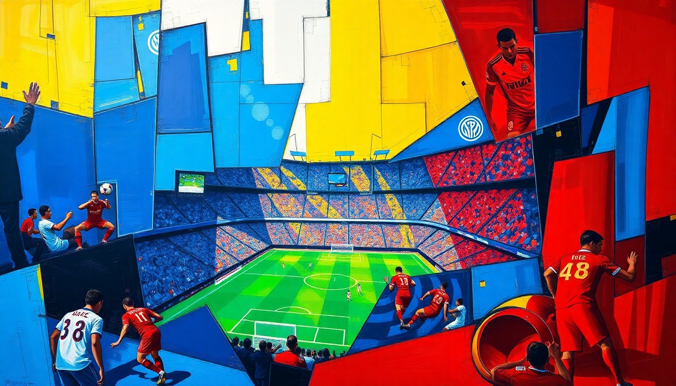 A cubist, geometric painting depicting the action of a soccer match, with overlapping planes of color and form representing the players, ball, and field of play.