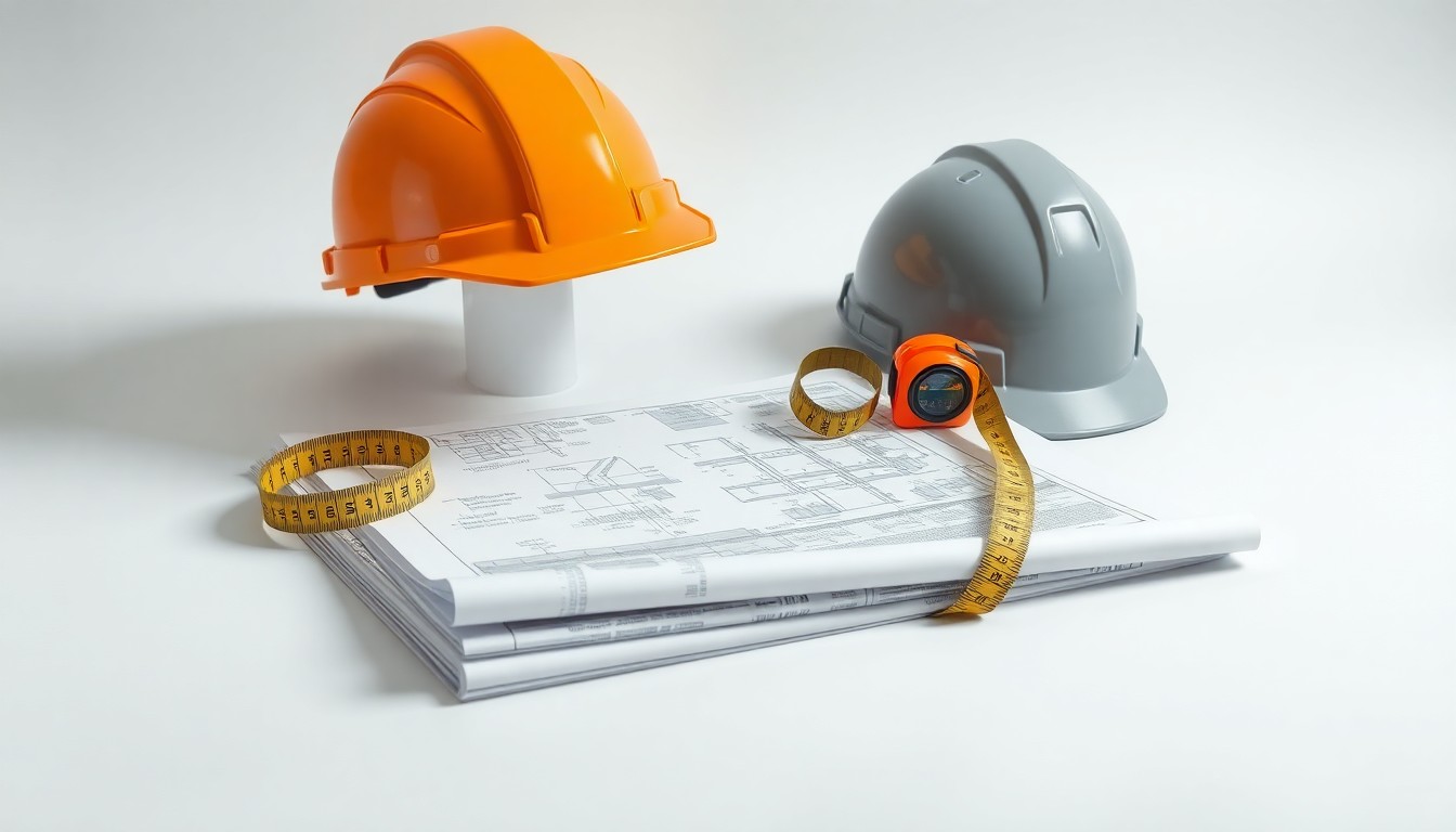 A minimalist studio still life photograph featuring a stack of architectural blueprints, a hardhat, and a tape measure arranged on a clean white background, conceptually representing the planning and construction of a new industrial development project.