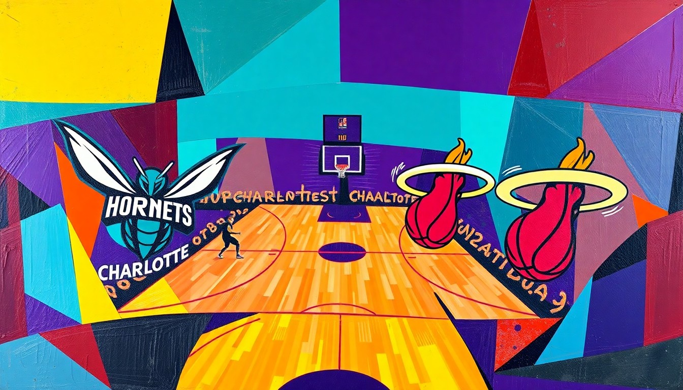 A fractured, cubist-style painting depicting the action of a basketball game, with the players and court broken down into sharp, overlapping geometric shapes in vibrant teal, purple, red, and yellow colors, representing the high-stakes clash between the Charlotte Hornets and Miami Heat.