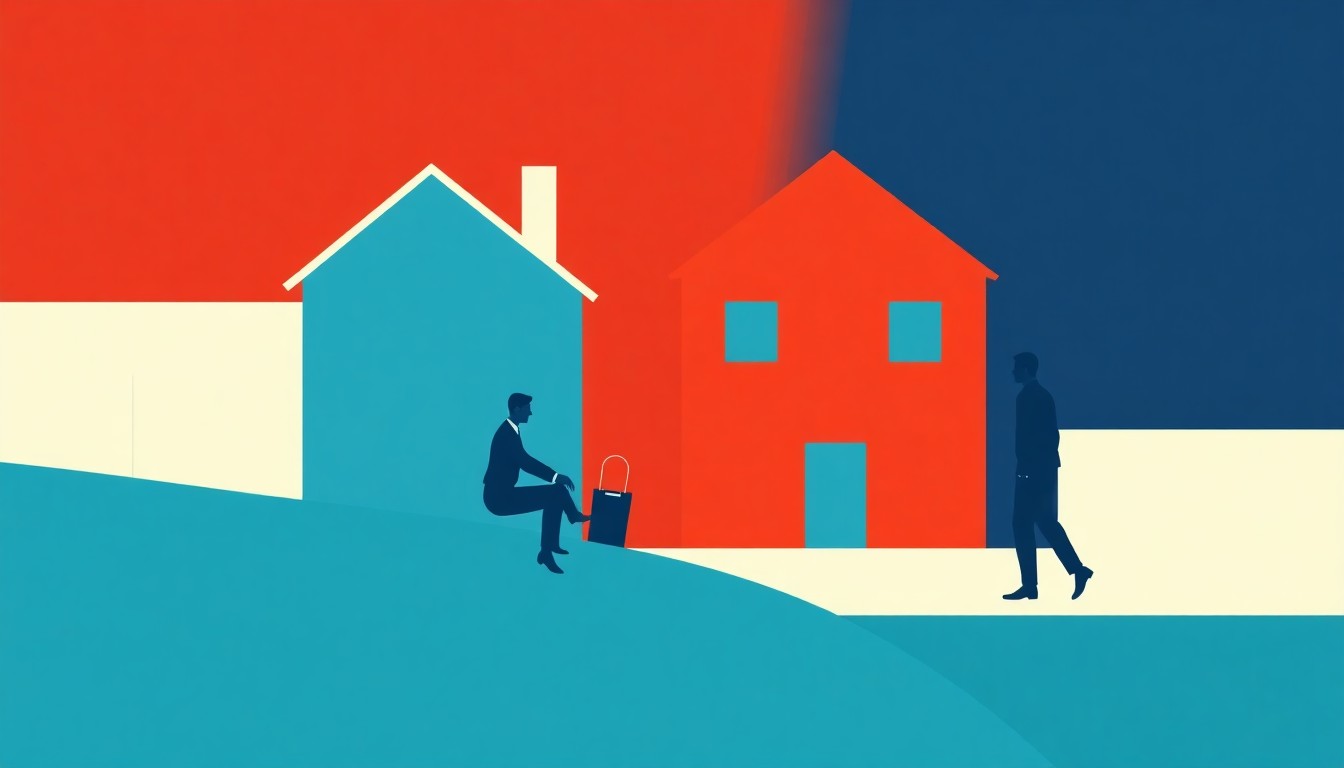 An abstract composition of overlapping triangles and circles in shades of blue, red, and yellow, conceptually representing the economic pressures forcing middle-income households to defer major expenses.