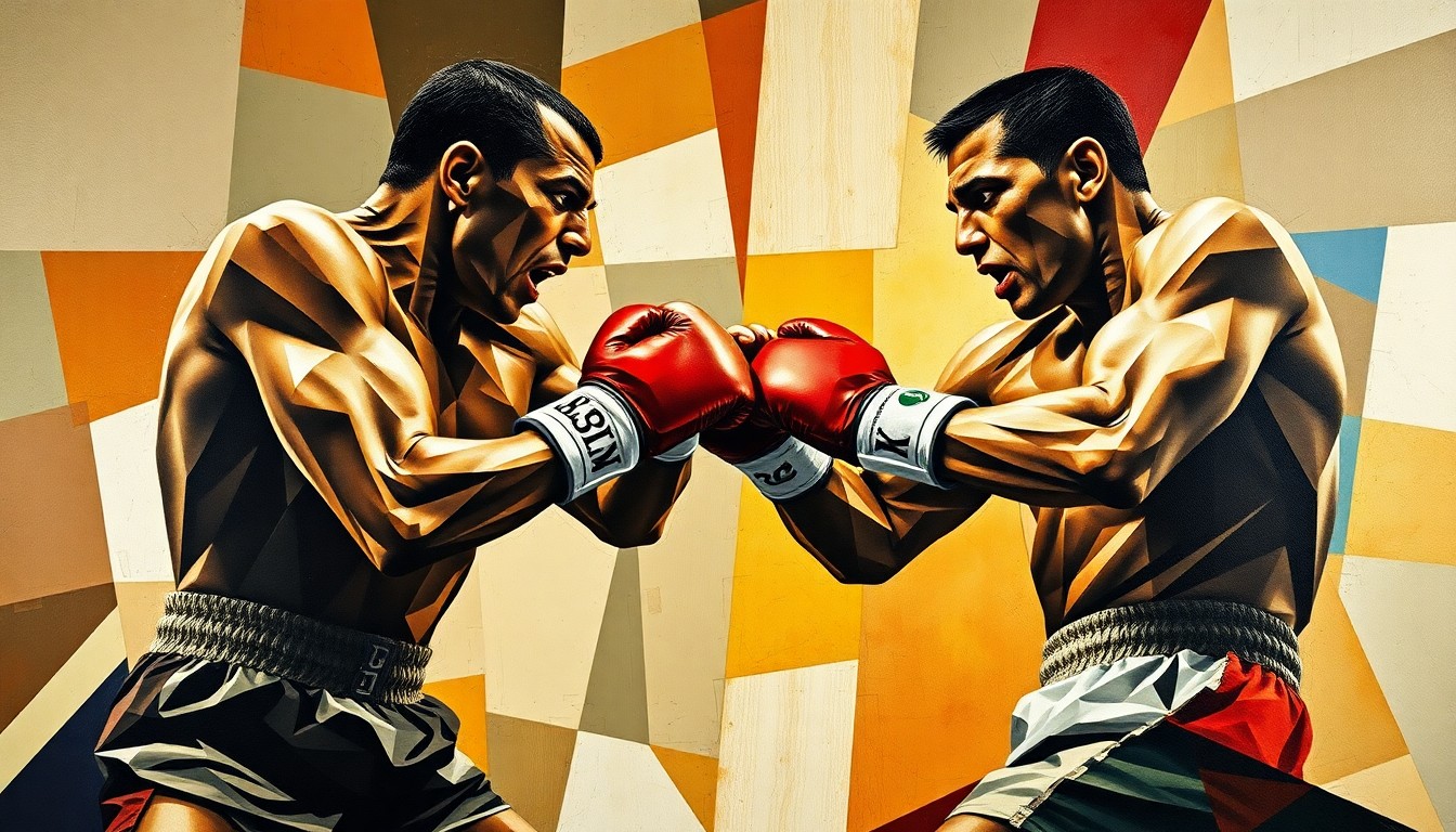 A cubist, geometric painting depicting the chaotic energy of a heavyweight boxing match, with the fighters' forms broken down into sharp, overlapping planes of color and shape.