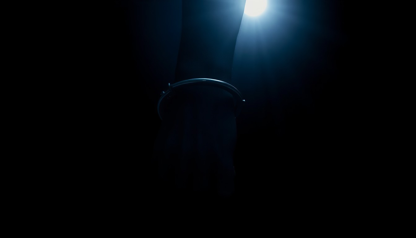 An extreme close-up photograph of a handcuffed wrist against a pitch-black background, lit by a harsh camera flash to create a stark, gritty, and investigative aesthetic without depicting any violence.