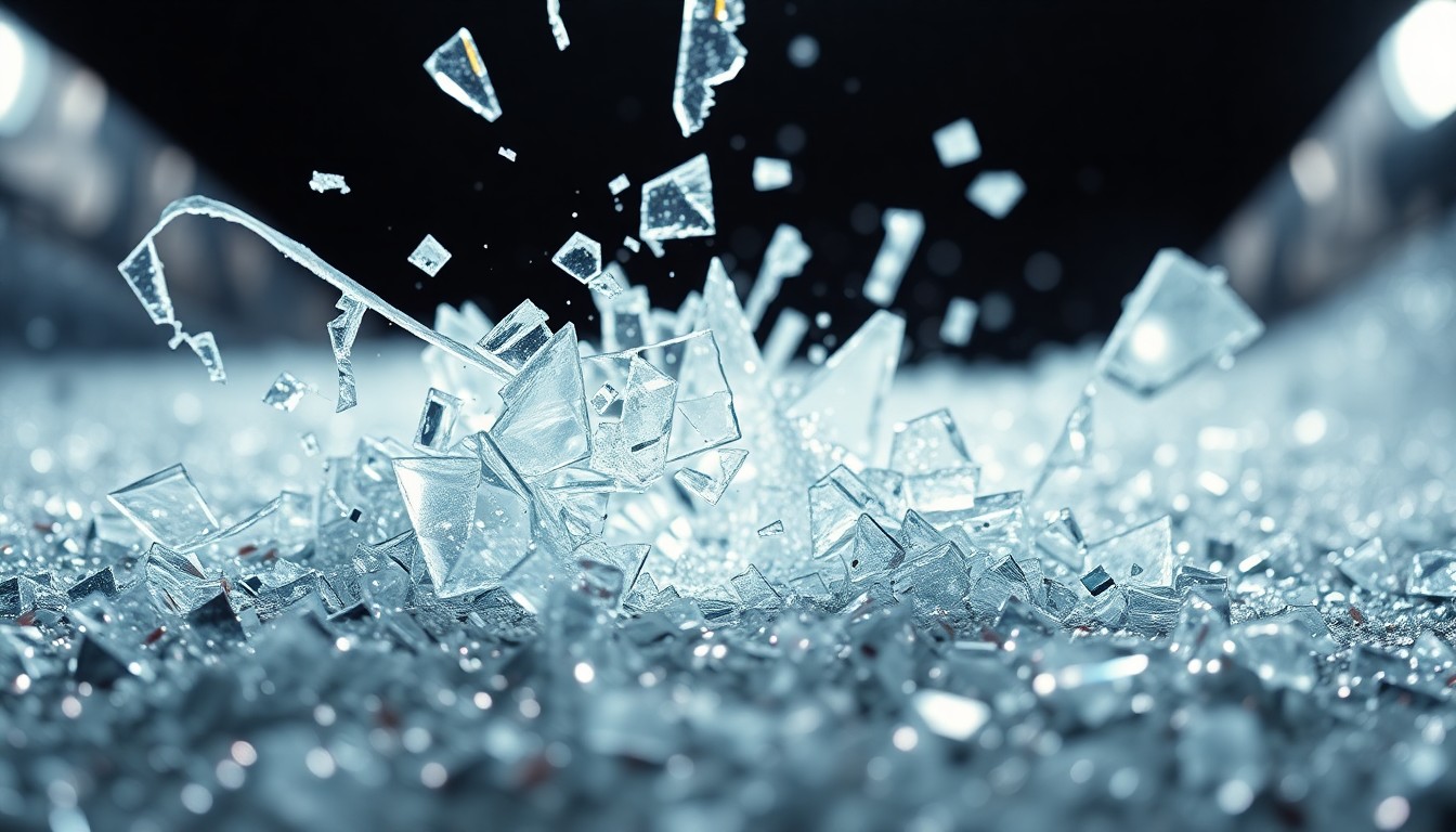 An abstract close-up photograph of shattered glass and glittering sequins, capturing the high-stakes, glamorous nature of the legal dispute between the two media personalities.