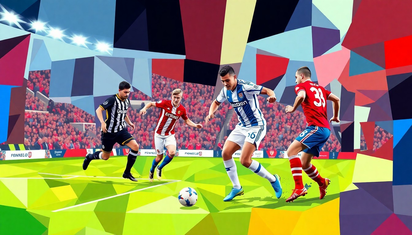 A cubist-style painting depicting a soccer match, with the players and field broken down into sharp, overlapping geometric planes in a range of blues, greens, and reds, capturing the dynamism and energy of the game.