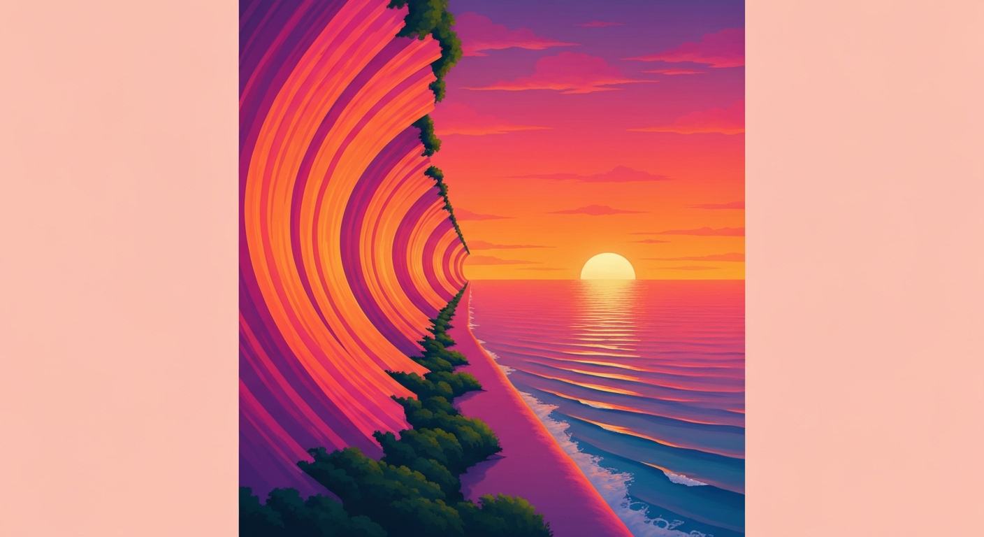 A highly stylized, geometric illustration depicting the sweeping coastline of Honeymoon Island bathed in vibrant shades of orange, pink, and purple as the sun rises over the Gulf of Mexico, capturing the grand scale and romantic beauty of this natural spectacle.