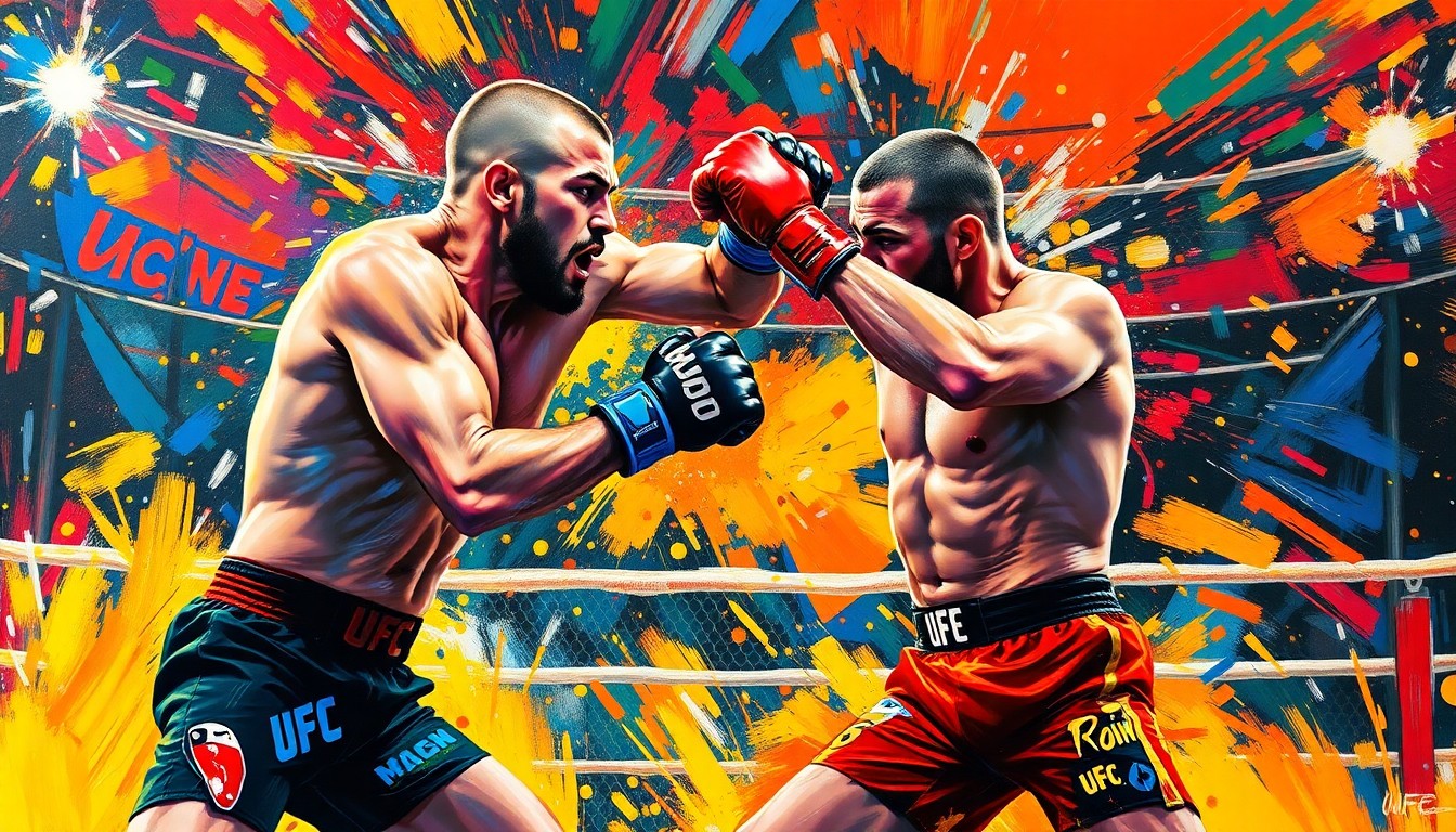 An abstract, energetic painting in neon colors depicting the dramatic climax of the UFC 327 main event fight, with the knockout punch landing on Jiri Prochazka's chin.