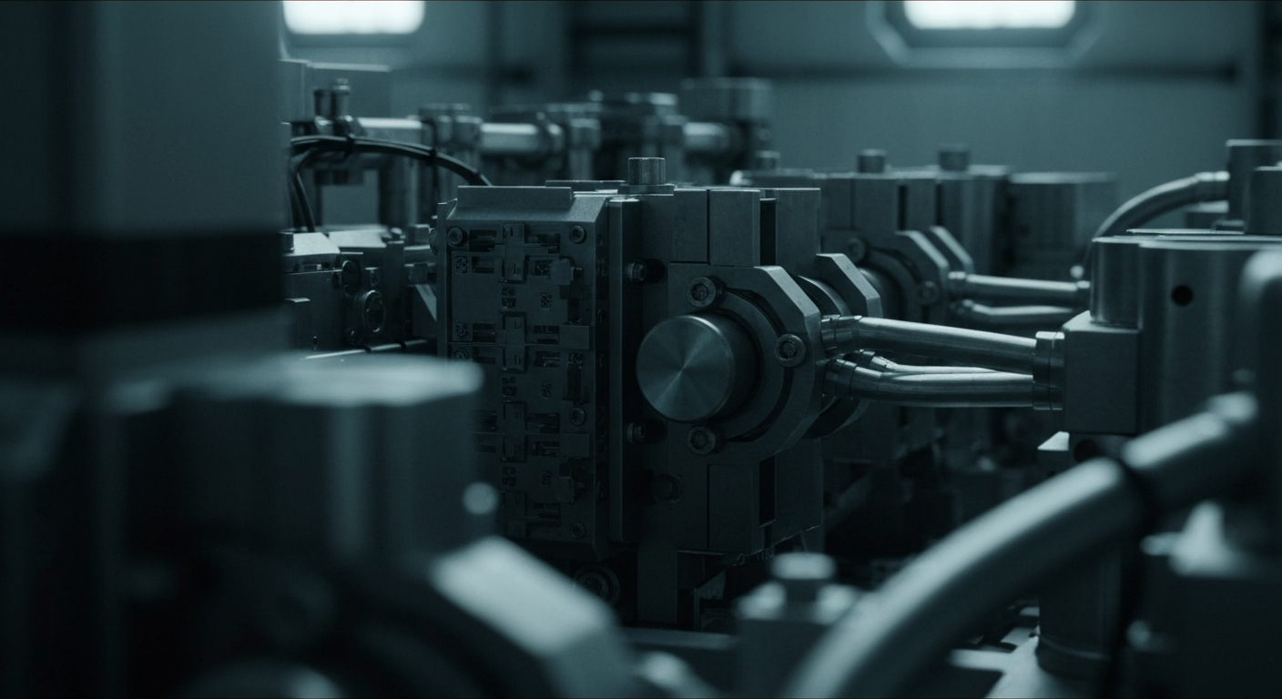 A dramatic, high-contrast close-up view of the complex inner machinery and components of a telecommunications equipment manufacturer, representing the technological prowess and infrastructure behind the industry.