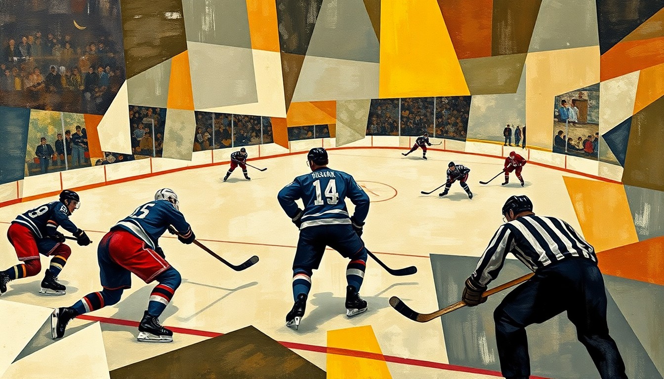 A fragmented, geometric painting in the style of Pablo Picasso, with angular shapes and planes representing the players, coach, and puck on the ice, conveying the intensity and unpredictability of the sport.