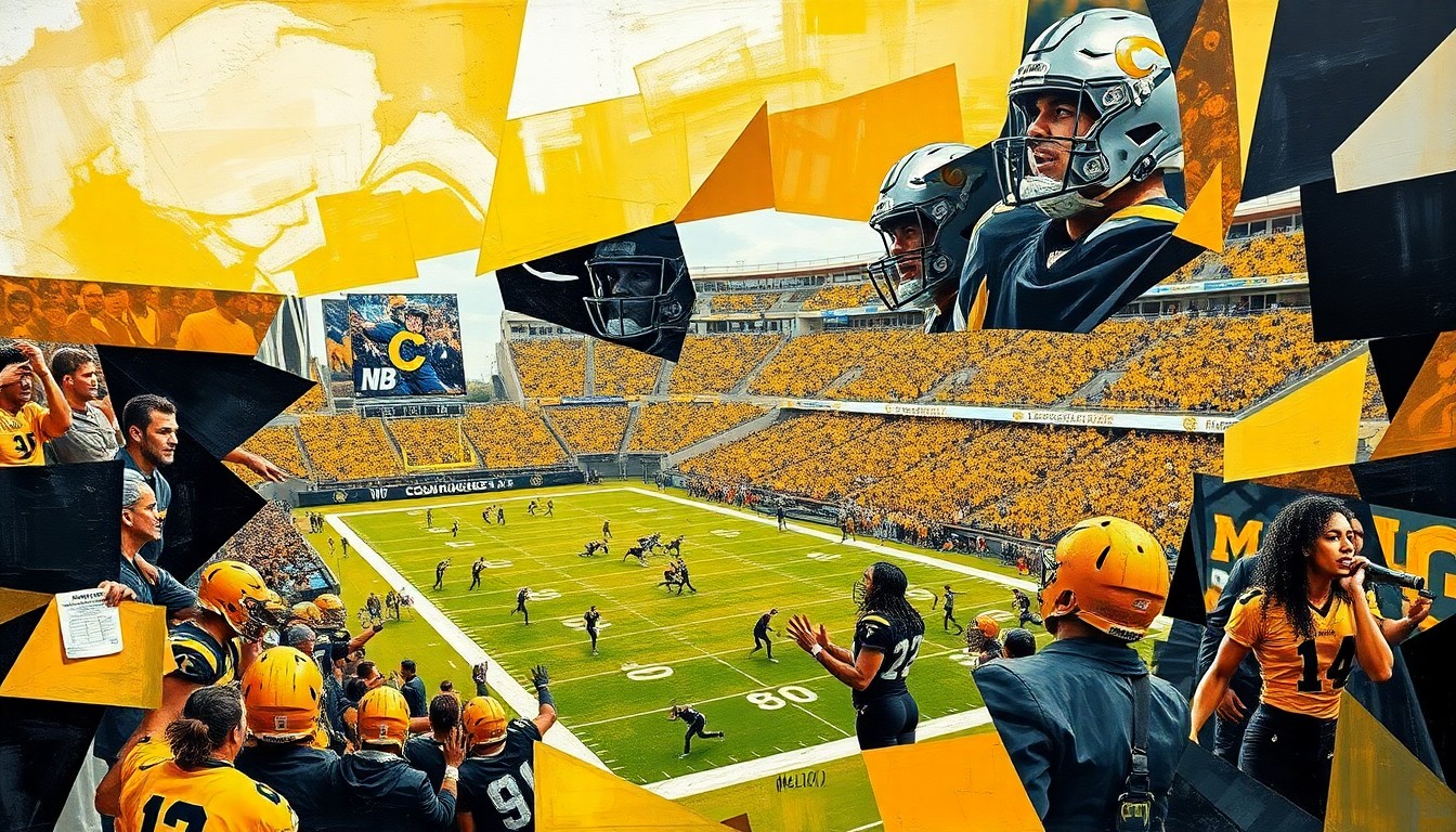 A cubist, geometric painting depicting a Colorado Buffaloes football game, with sharp, overlapping planes of gold, black, and silver colors representing the dynamic action on the field.