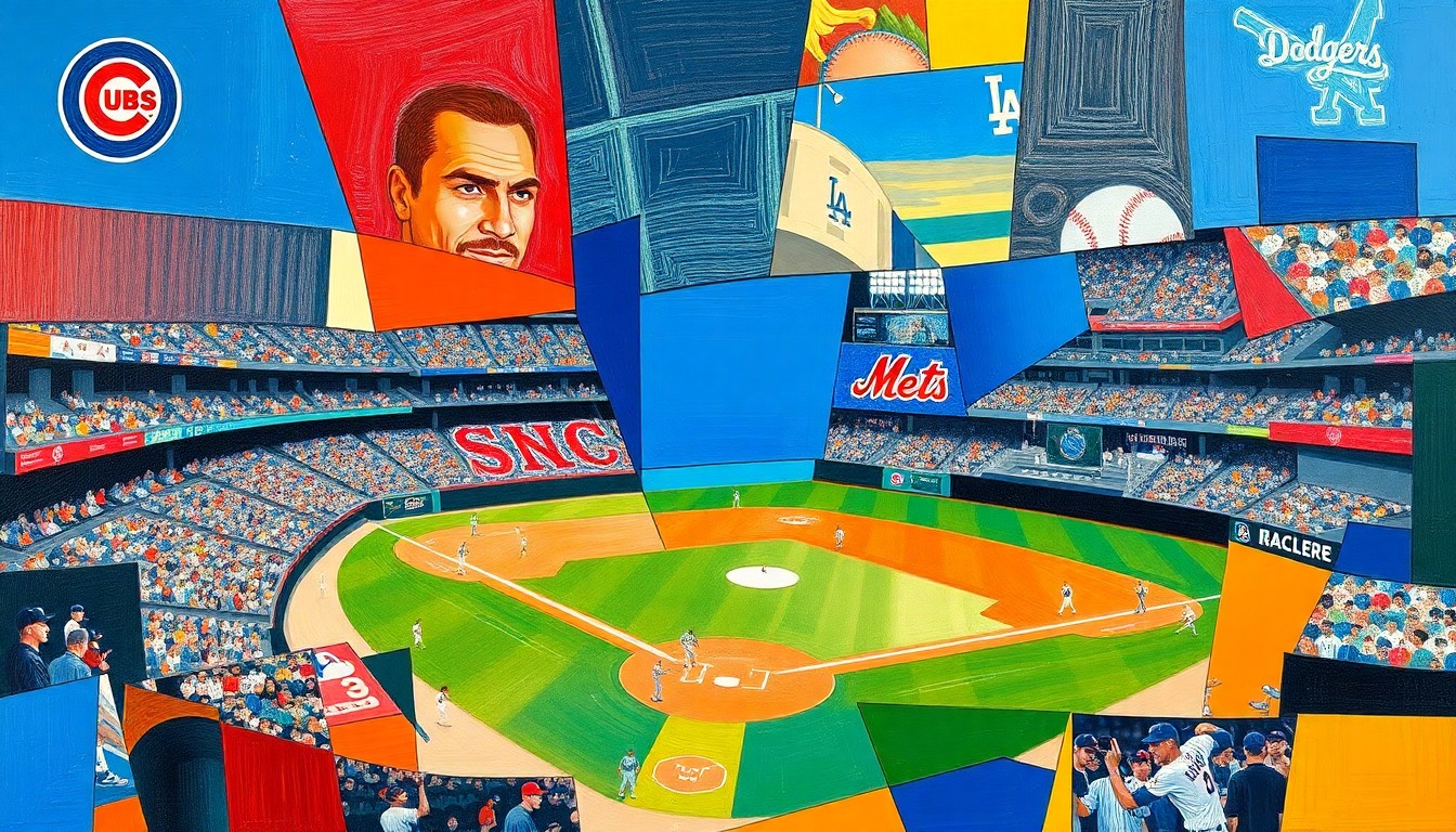 A cubist-style painting depicting a fragmented, multi-angled view of a baseball game or match, with sharp geometric shapes in vibrant colors representing the various teams and players involved in the offseason storylines.