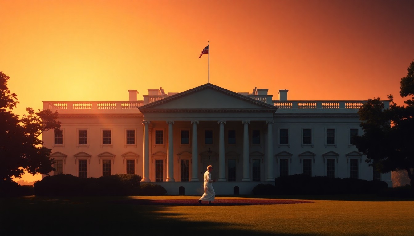 A moody, cinematic painting of the White House's East Wing in warm sunlight and deep shadows, with the outline of a new ballroom structure emerging in the background, conceptually illustrating the tensions between historic preservation and national security concerns.