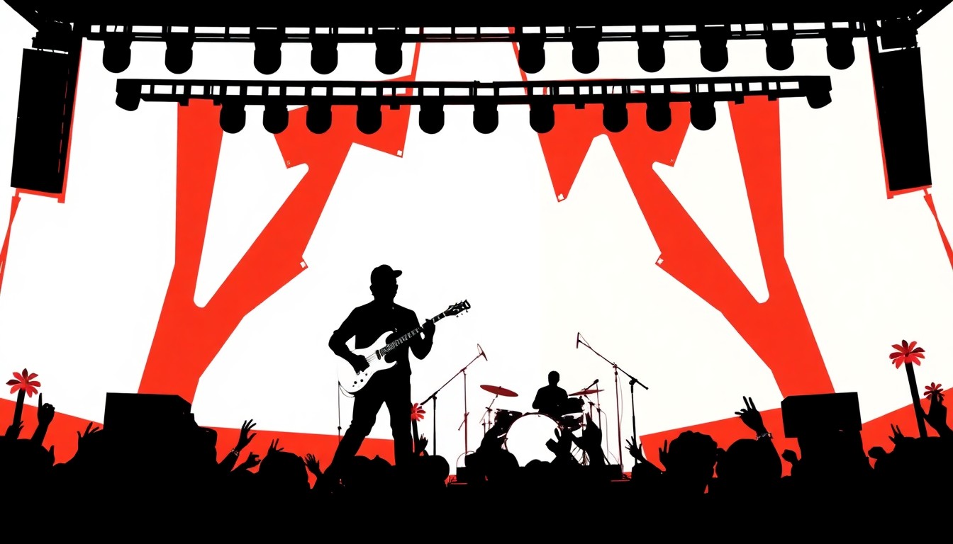 An abstract, minimalist illustration featuring bold, jagged geometric shapes in striking red and white, conceptually representing the vibrant, celebratory performance of the Salvadoran band Los Hermanos Flores at the Coachella music festival.