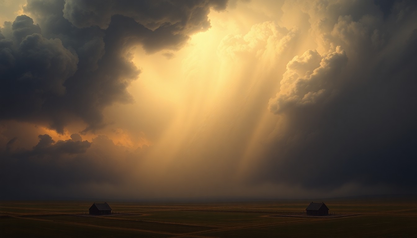 A vast, atmospheric landscape painting depicting a massive tornado in the distance, its swirling vortex of clouds and wind dwarfing the small structures and trees in the foreground, conveying the overwhelming scale and power of the natural disaster.