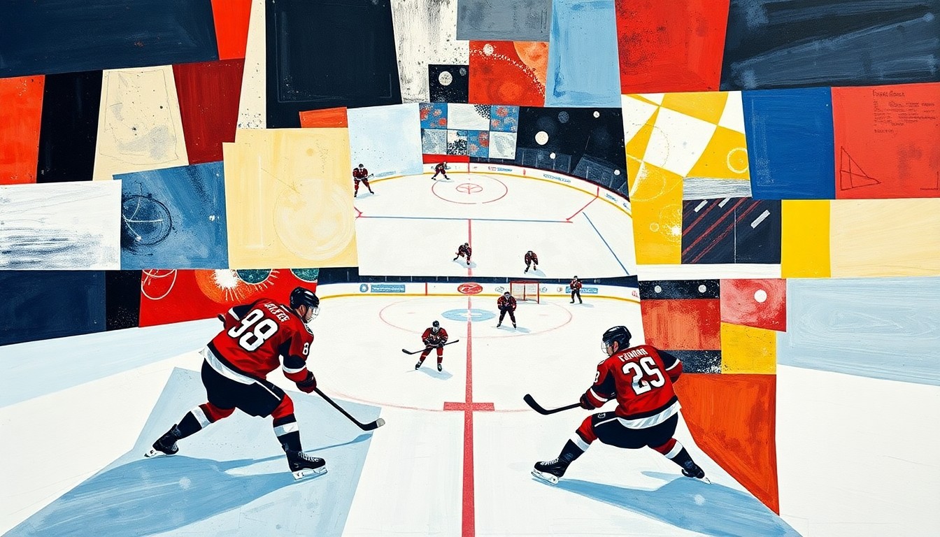 A cubist, geometric painting depicting a hockey game in progress, with players and the rink deconstructed into sharp, overlapping planes of color and form, conveying the strategic depth and competitive spirit of the Carolina Hurricanes' divisional clash.