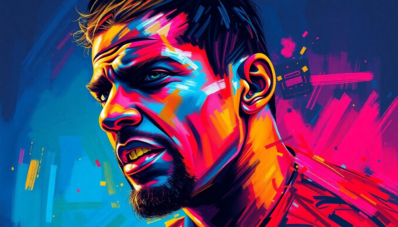 An abstract, expressionist painting in a vibrant neon color palette, with rapid, energetic brushstrokes that capture the raw emotion and inner turmoil of a professional athlete facing personal challenges.