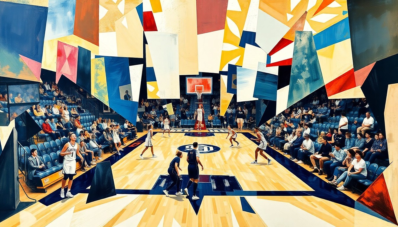 A fractured, cubist-style painting depicting the intense action of a women's basketball game, with players' movements and the court's layout broken down into sharp, overlapping geometric shapes and planes in a vibrant color palette.