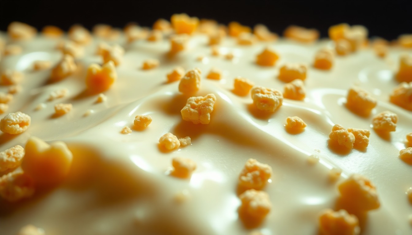 An extreme close-up of a glistening, caramelized white chocolate texture with scattered candied cornflake pieces, conceptually representing the decadent, viral Yankees Stadium ice cream dessert.