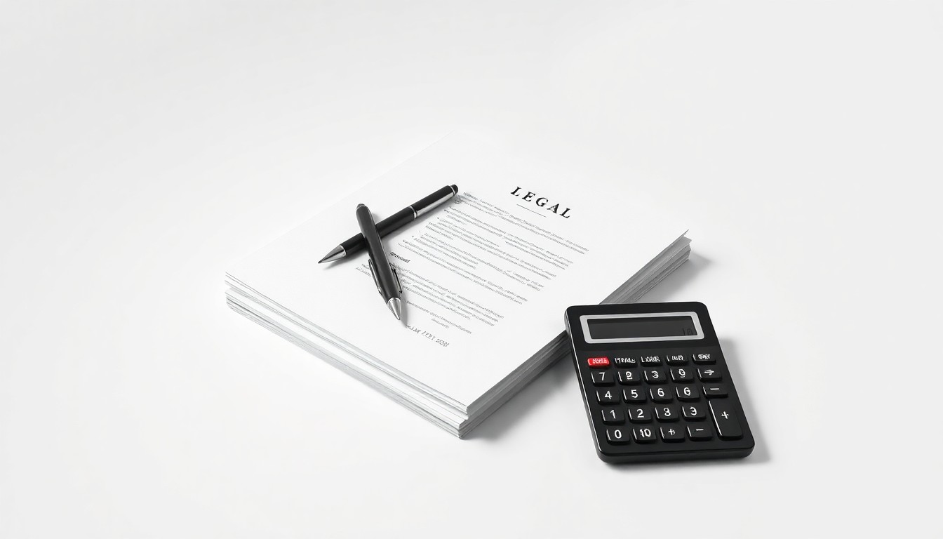 A photorealistic studio still life featuring a stack of legal documents, a pen, and a calculator arranged on a clean white background, conceptually representing the abstract corporate strategy and financial risks involved in a securities class action lawsuit.