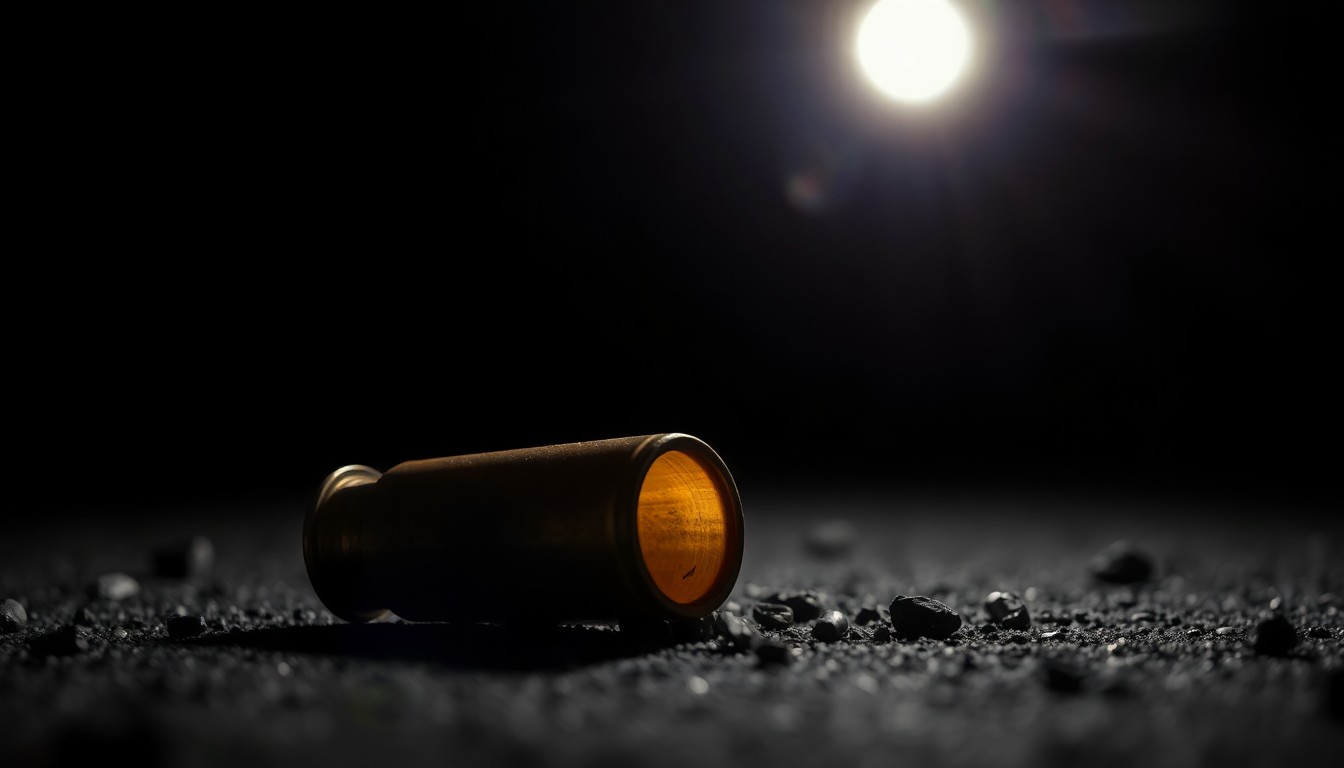 An extreme close-up photograph of a spent shell casing on the ground, the harsh flash creating a stark, gritty, investigative aesthetic that conceptually represents the ongoing challenge of gun violence in the community.