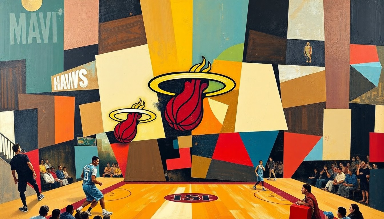 A fragmented, geometric painting depicting a basketball game, with overlapping shapes and planes representing the players, the court, and the intensity of the competition.