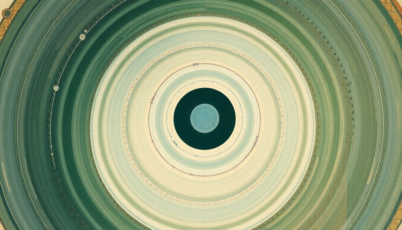 A highly structured abstract painting in soft, earthy tones of green, blue, and brown, featuring sweeping geometric arcs, concentric planetary circles, and precise botanical spirals, conceptually representing the complex scientific forces and potential of nuclear fusion technology.