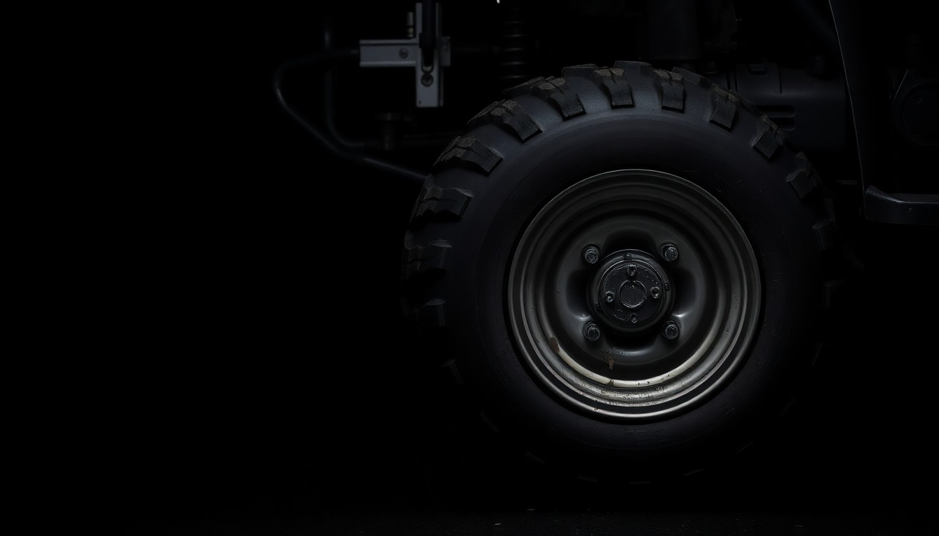 An extreme close-up photograph of a confiscated ATV wheel and tire, the harsh flash lighting creating a stark, gritty aesthetic that conceptually represents the aggressive police enforcement action against illegal off-road vehicles.