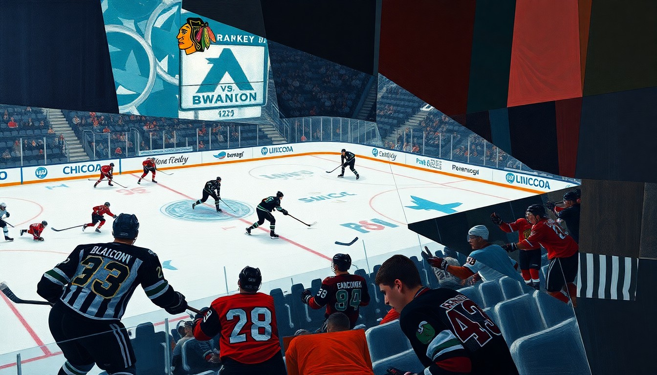 A cubist, geometric painting depicting the action and energy of a hockey game between the San Jose Sharks and Chicago Blackhawks, with the players' movements and the intensity of the competition captured through the fragmented, overlapping planes of color and shape.