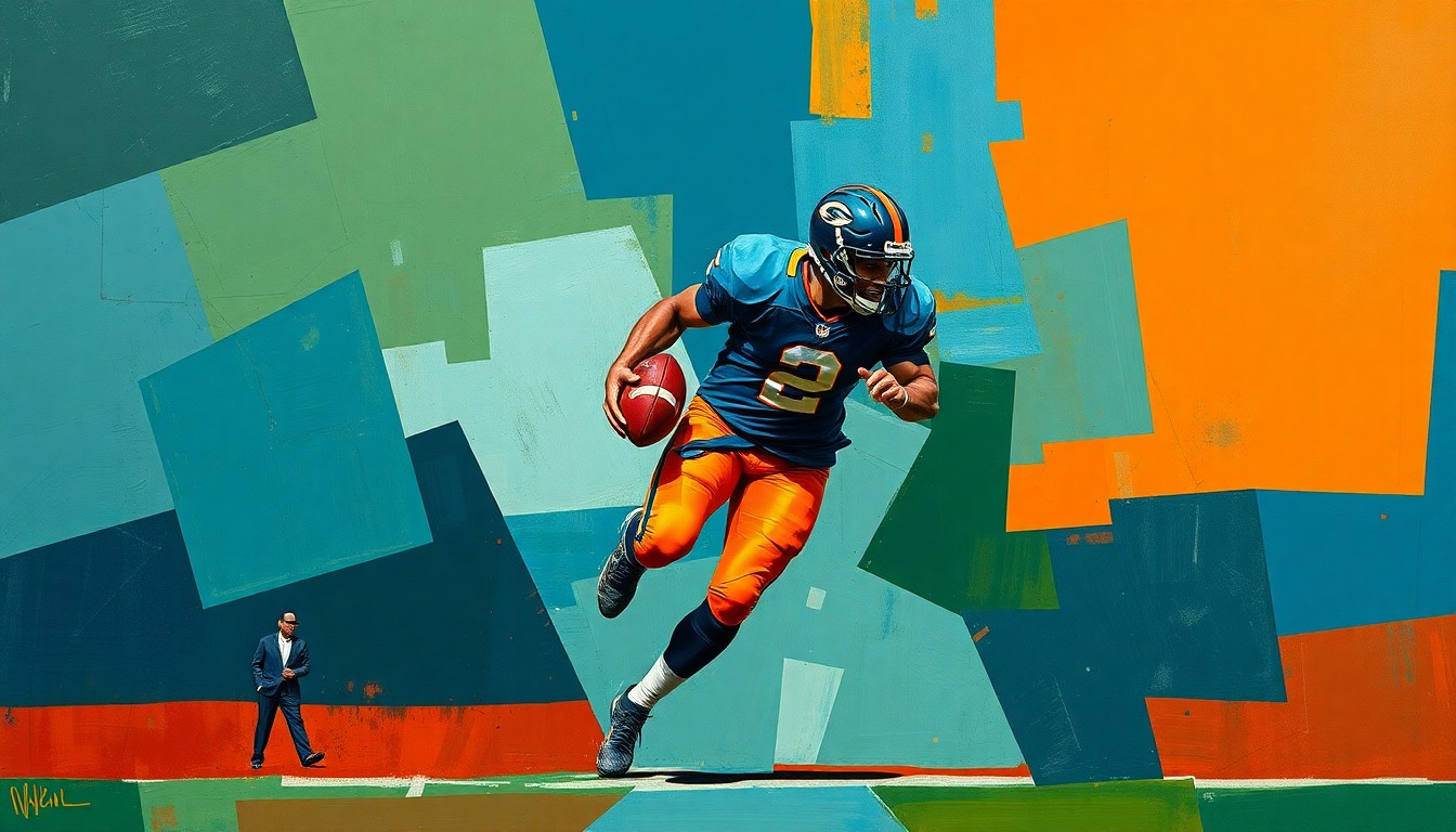 A fragmented, geometric painting depicting a football player in motion, with sharp planes of color and form representing the complex decision-making process behind a high-profile recruiting flip.