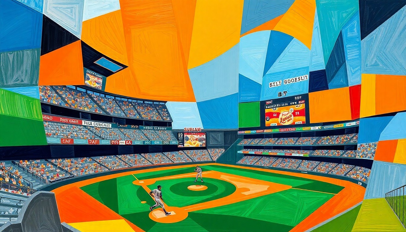 A cubist-style painting depicting a baseball game broken down into overlapping geometric shapes and planes in vibrant colors, capturing the dynamic energy and unpredictability of the sport.