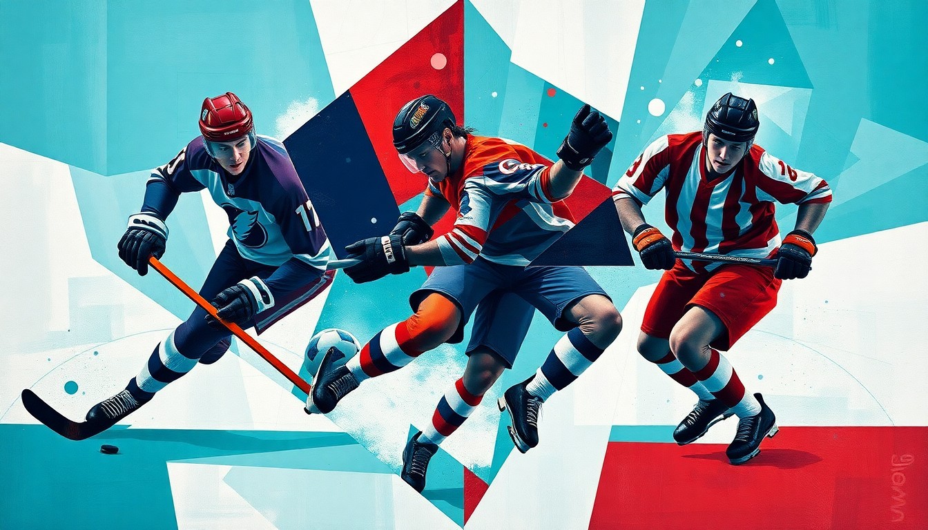 A fractured, geometric painting depicting the overlapping action of a hockey game and a soccer match, with the players' forms abstracted into dynamic, angular shapes in a vibrant color palette.