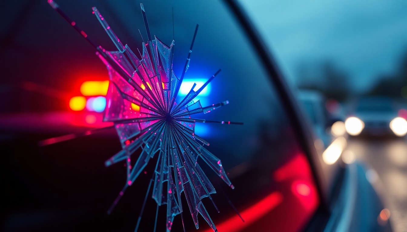 An extreme close-up photograph of shattered car window glass reflecting the red and blue flashing lights of a police vehicle, conceptually illustrating the aftermath of a high-intensity collision.