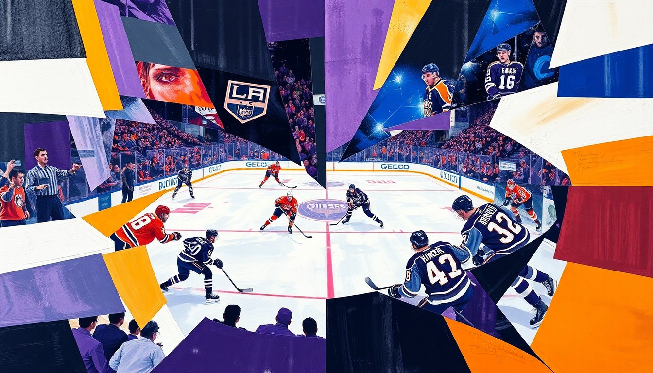 A cubist, geometric painting depicting a hockey game in motion, with the players and puck fragmented into overlapping angular shapes in the Kings' and Oilers' team colors, conveying the dynamic energy and shifting momentum of the matchup.