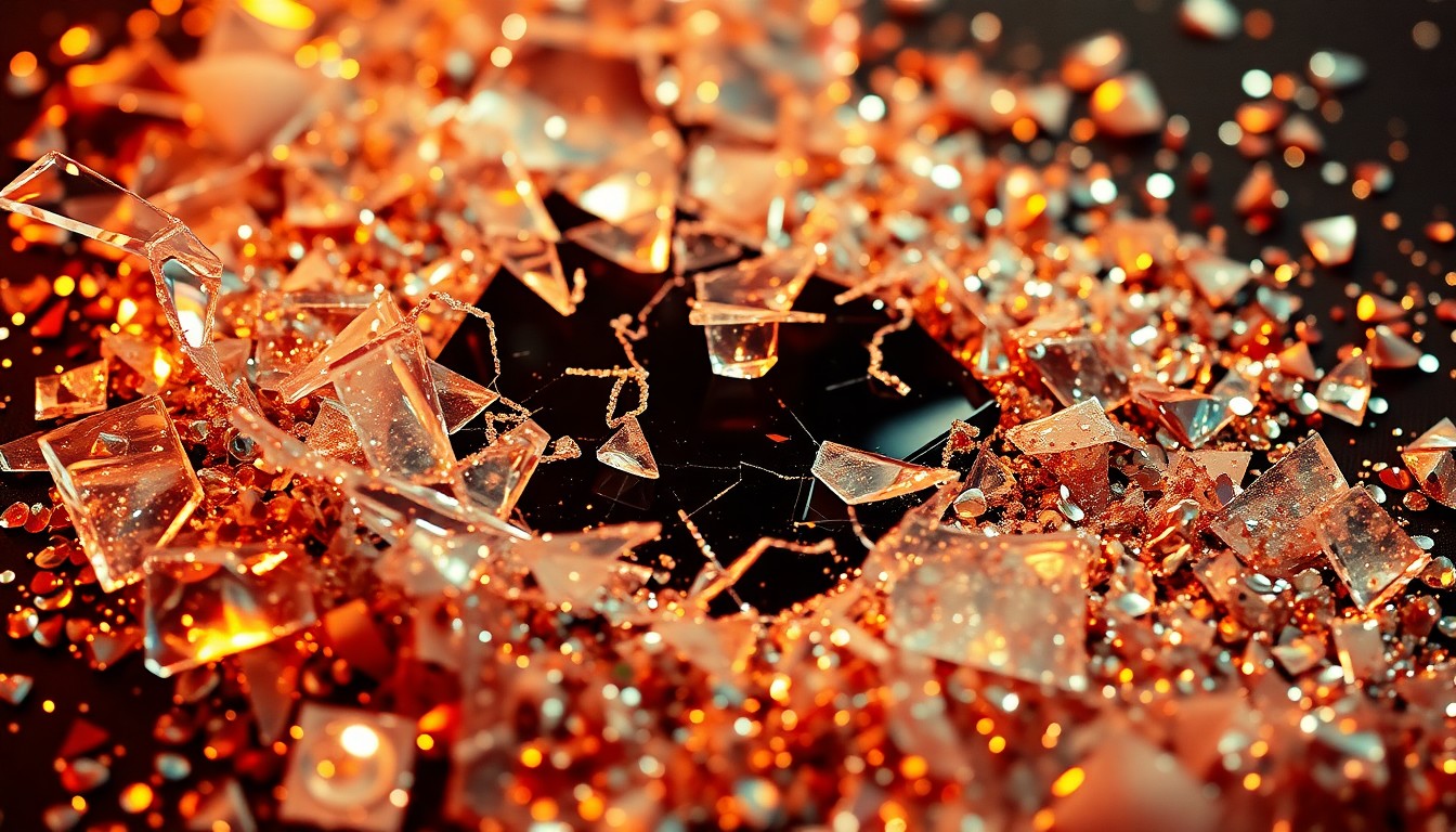 An extreme close-up photograph of shattered glass and glittering sequins, capturing the dramatic textures and high-contrast lighting of the 1960s rock scene.